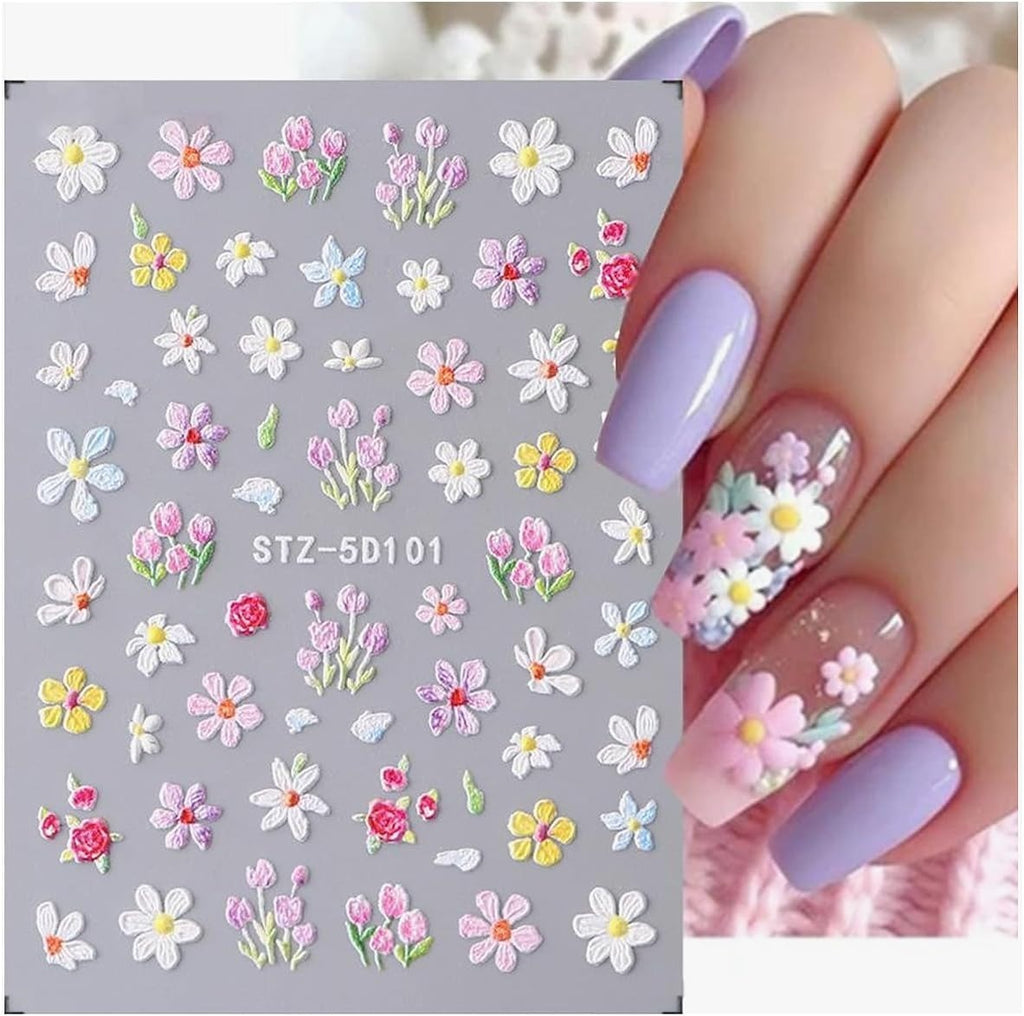 3D Embossed Flower Nail Art Stickers - Self-Adhesive Colorful Decals