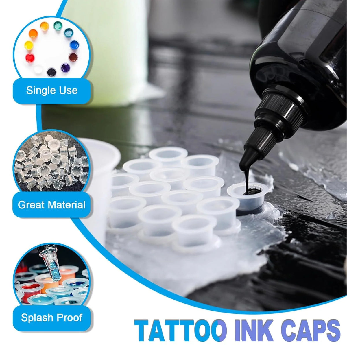Tattoo Ink Cap Kit 305Pcs 3mm Practice Skin & Caps Set – Silicone Fake Skin for Ink Mixing