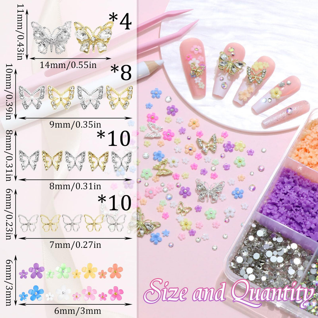 Colorful 3D Flower Nail Charms with Butterfly Accents for Nails Art