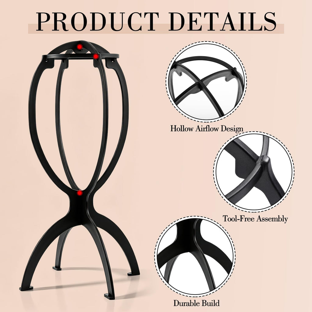 Portable Wig Stand Holder 2 Pack Travel Salon & Home Use Black