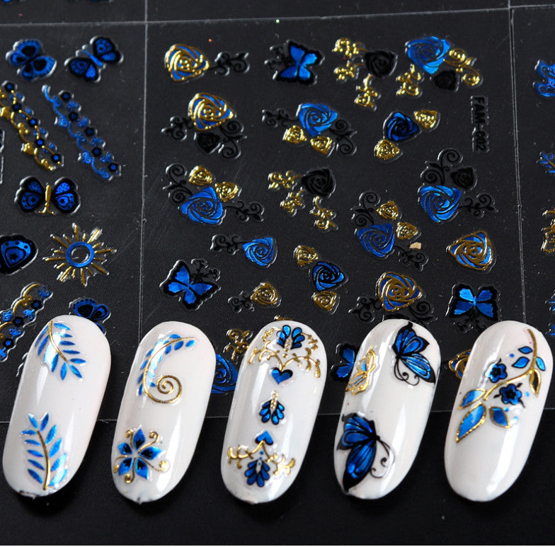 Gold Blue Lace Butterfly Floral Nail Art Stickers Set - 10 Sheets