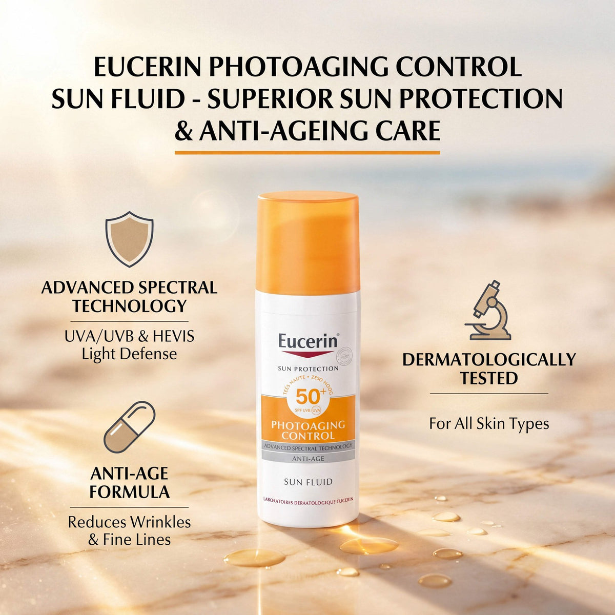 Eucerin SPF50+ Photoaging Control Sun Fluid 50ml - Lightweight Facial Sunscreen