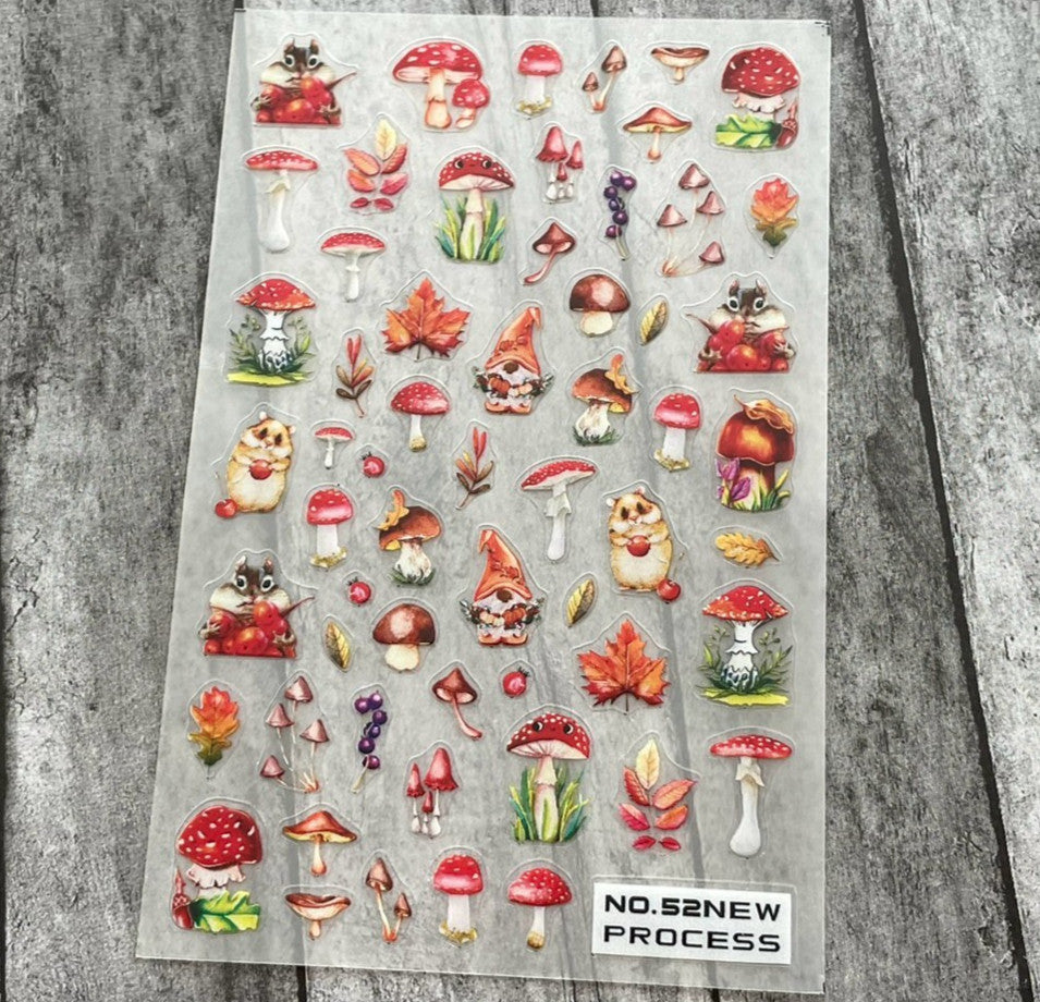 Fall Maple Leaves & Squirrel Nail Stickers - Autumn Mushroom Gnome Design