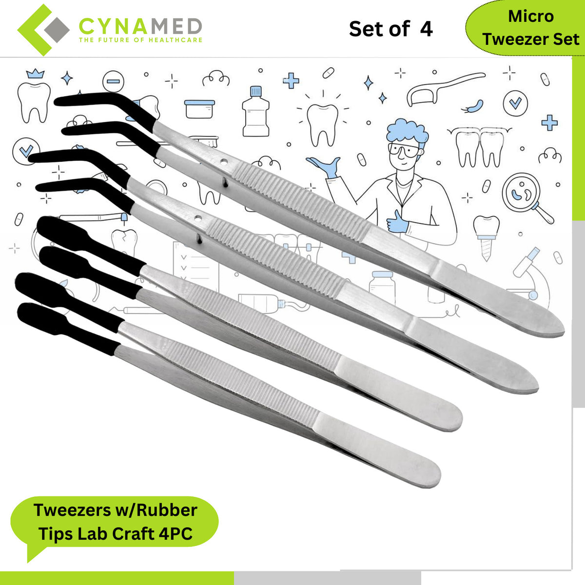 Stainless Steel Lab Tweezers with Rubber Tips - 4 Pack, Offset & Straight