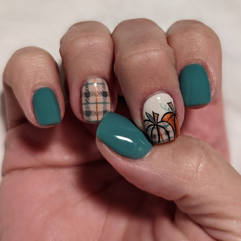 48Pcs Short Square Teal Plaid Pumpkin Fall Press-On Nails Set