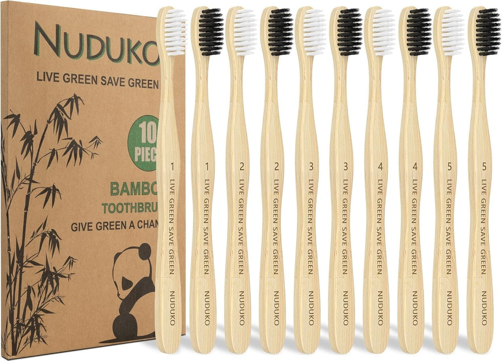Eco-Friendly Bamboo Toothbrushes Pack of 10 with Charcoal Soft Bristles