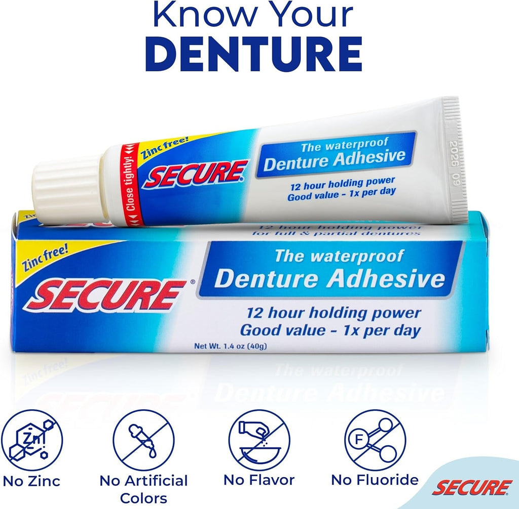 Waterproof Denture Adhesive - Extra Strong Hold, Zinc-Free, Long-Lasting