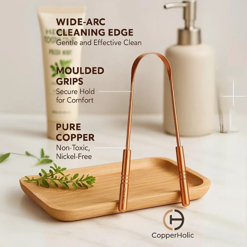 Copper Tongue Scraper Set with Bamboo Toothbrush - Natural Oral Care Kit