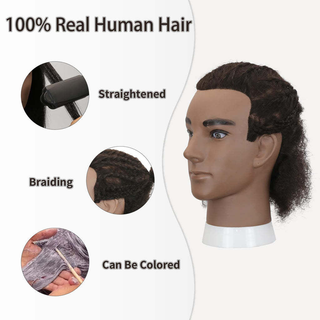 Male Afro Kinky Curly Mannequin Head with Human Hair and Stand for Salon Styling