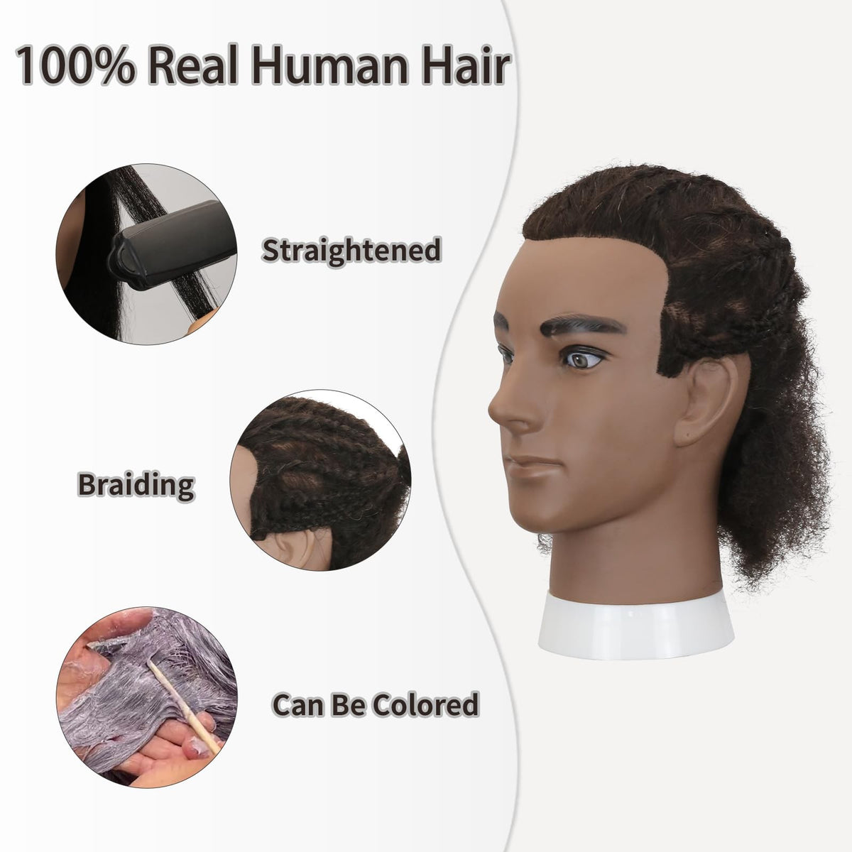 Male Afro Kinky Curly Mannequin Head with Human Hair and Stand for Salon Styling