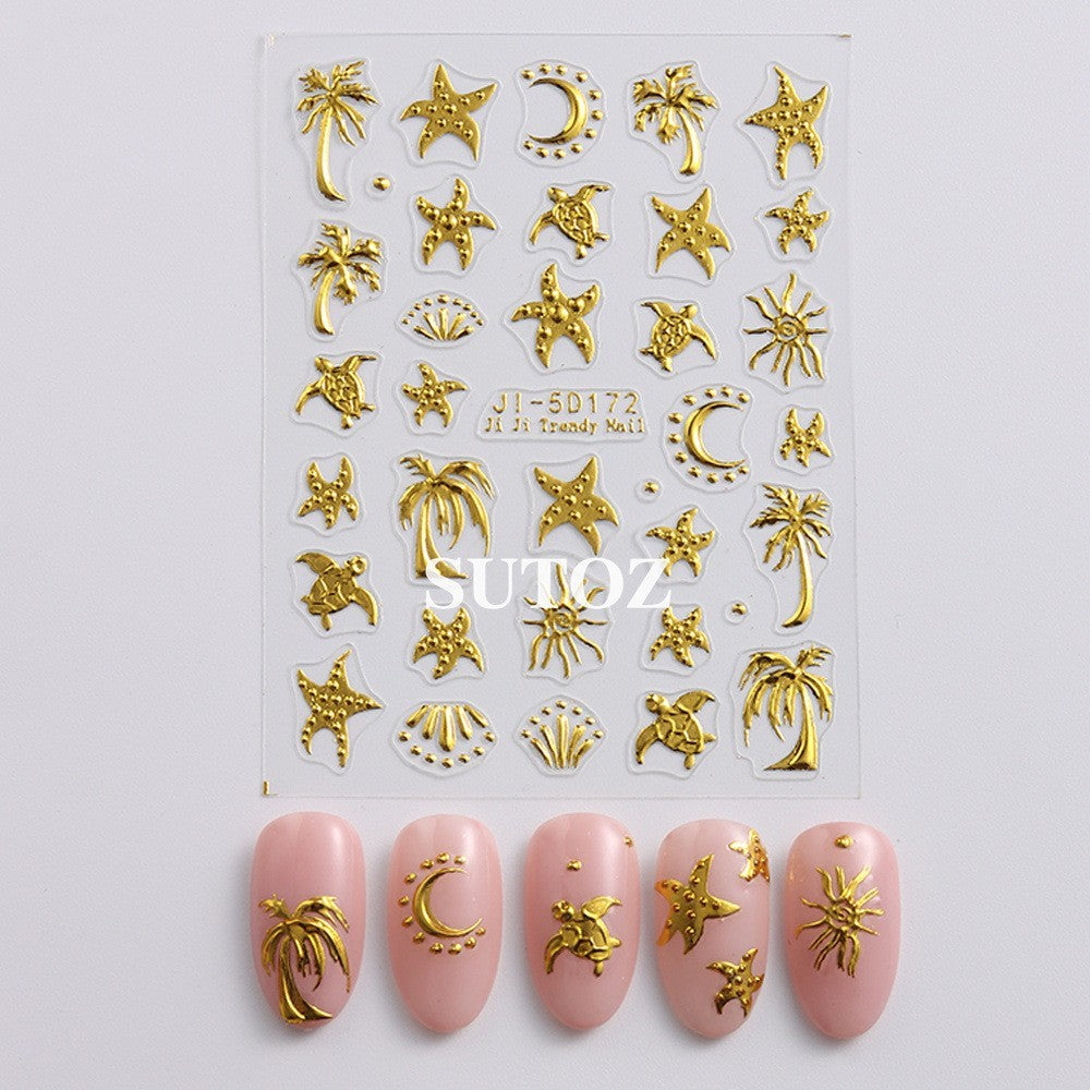Gold Ocean Starfish Turtle Sun Palm Tree 5D Nail Stickers Embossed Decal