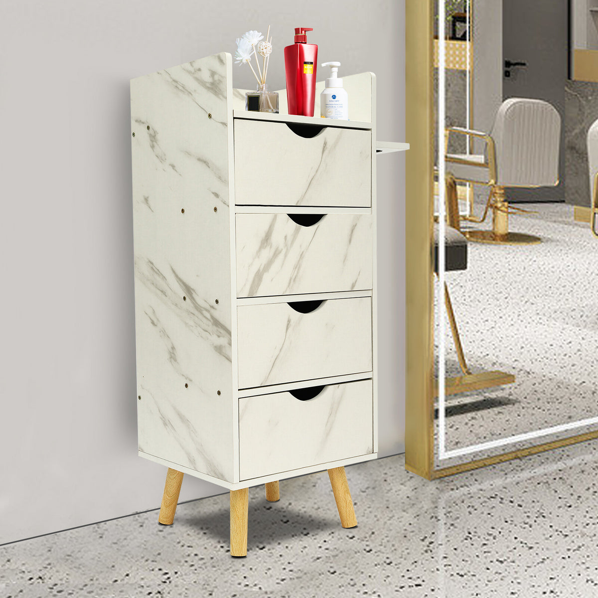 Salon Storage Cabinet with 4 Drawers and Hair Dryer Holders for Beauty Shops