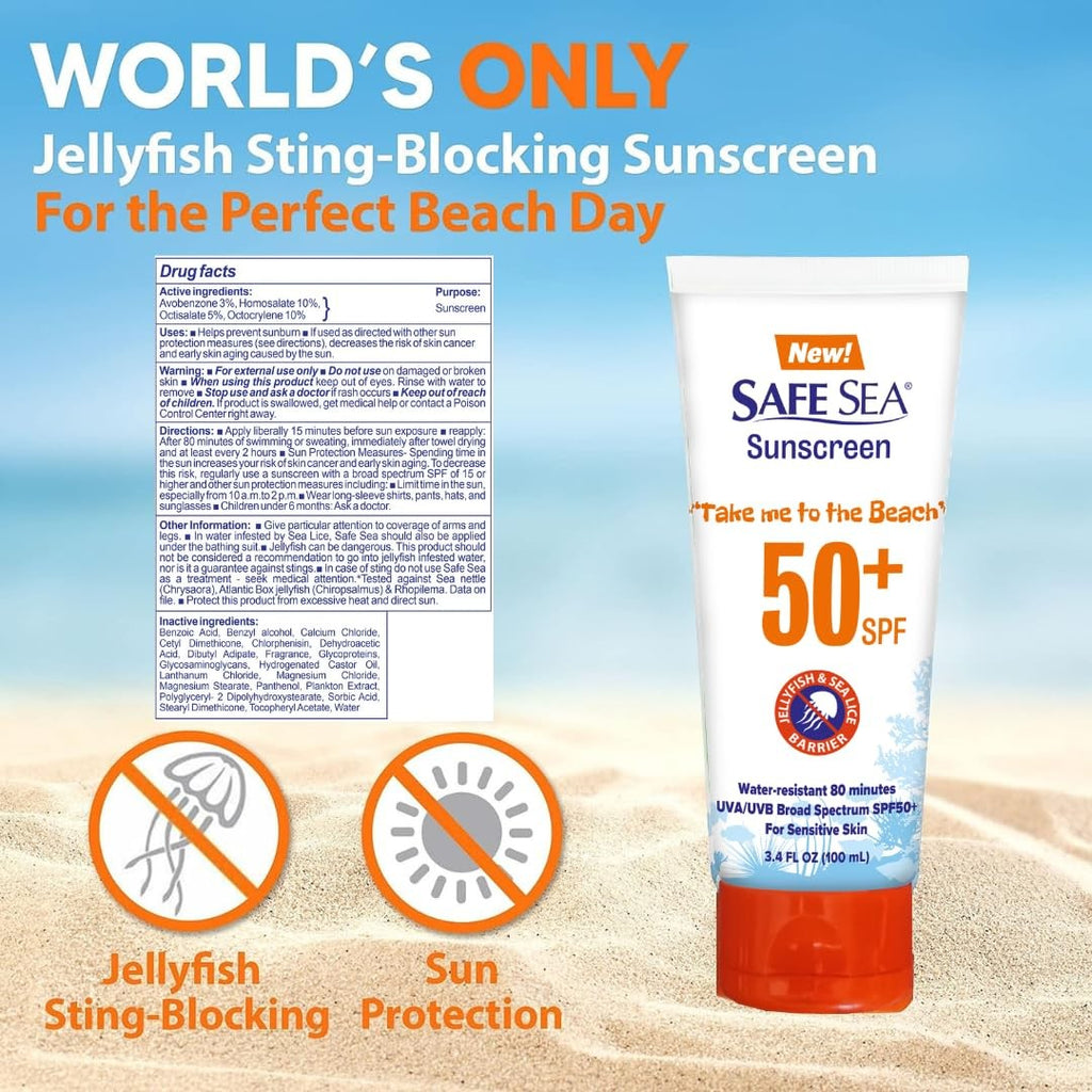 Anti-Jellyfish Sting Sunscreen Lotion SPF 50 - Reef Safe Water-Resistant 3.4 oz 3 Pack