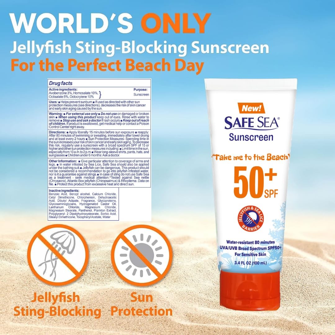 Anti-Jellyfish Sting Sunscreen Lotion SPF 50 - Reef Safe Water-Resistant 3.4 oz 3 Pack