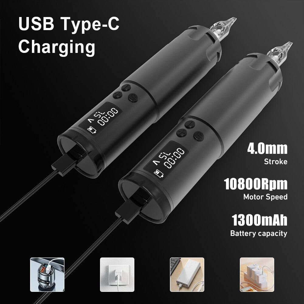 Wireless Rotary Tattoo Pen Kit with 20 Cartridges, 1300mAh Battery