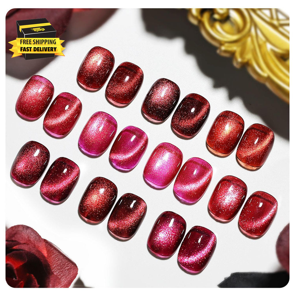 Cat Eye Gel Nail Polish Set with Base & Top Coat - Burgundy Red & Magnet Stick