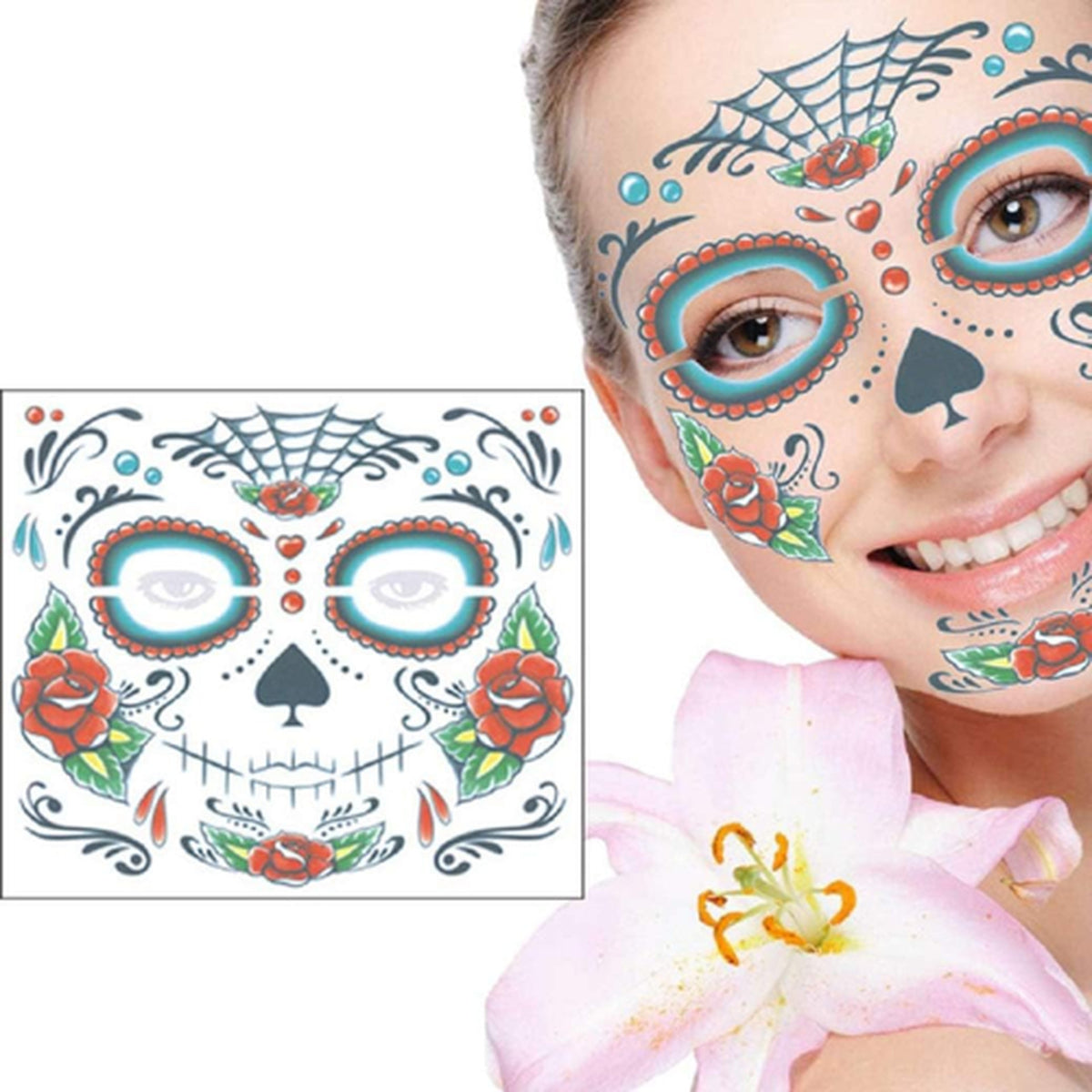 Day of the Dead Sugar Skull Face Temporary Tattoo Kit for Halloween