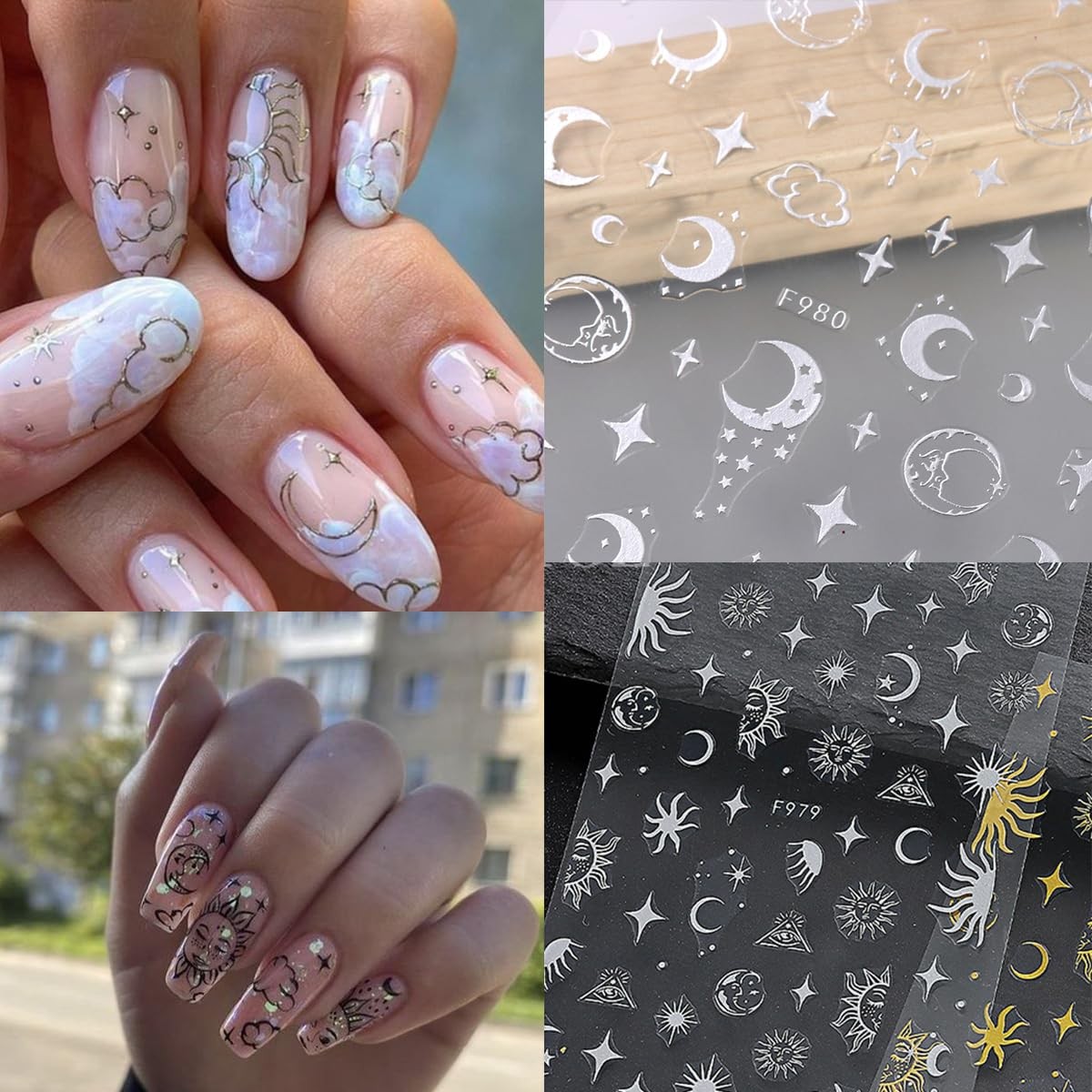 Metallic Nail Art Stickers Decals Silver Moon Sun Star 8 Sheets