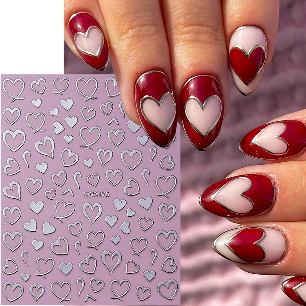Heart Nail Stickers for Nail Art, 6 Sheets Valentine 3D Self-Adhesive Decals