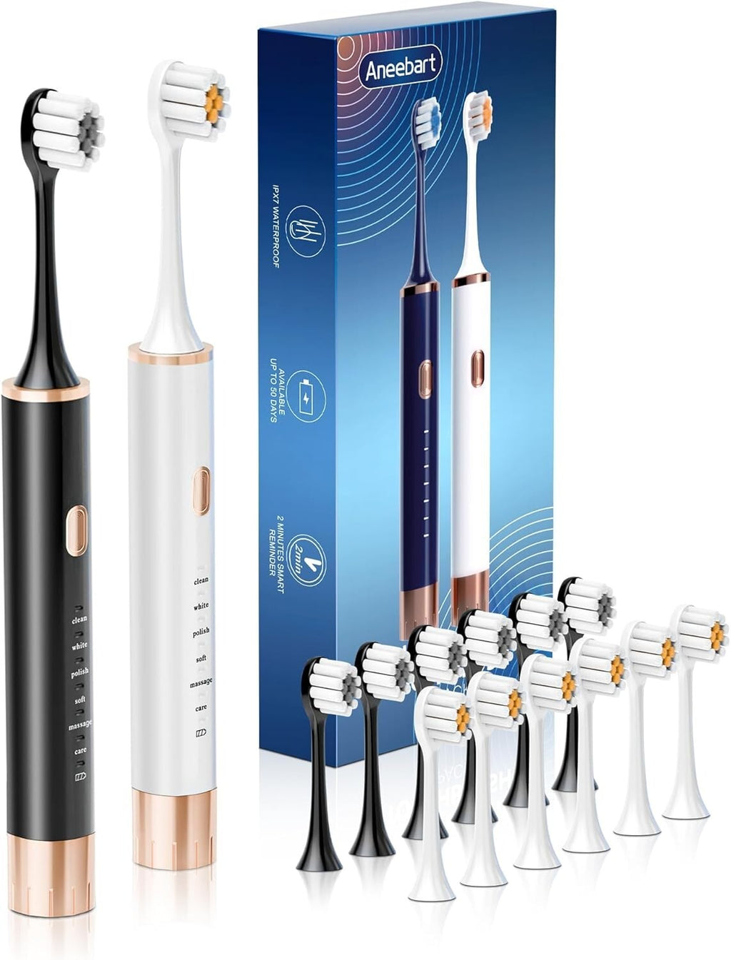 Electric Toothbrush Set with 12 Replacement Heads & 6 Modes - Rechargeable & Waterproof