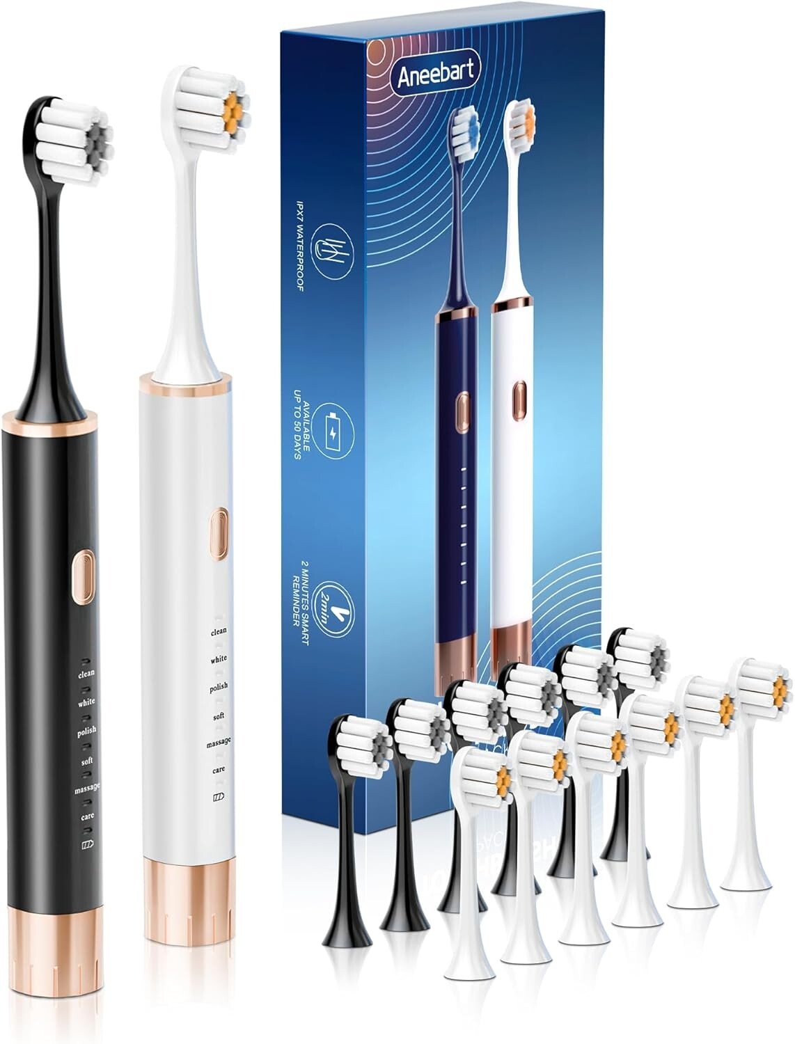 Electric Toothbrush Set with 12 Replacement Heads & 6 Modes - Rechargeable & Waterproof
