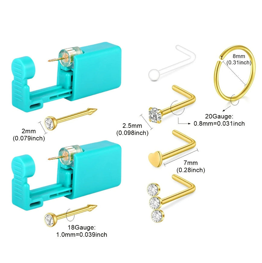 Nose Piercing Kit 7pcs - Disposable Gun & Stud Set, Stainless Steel Jewelry