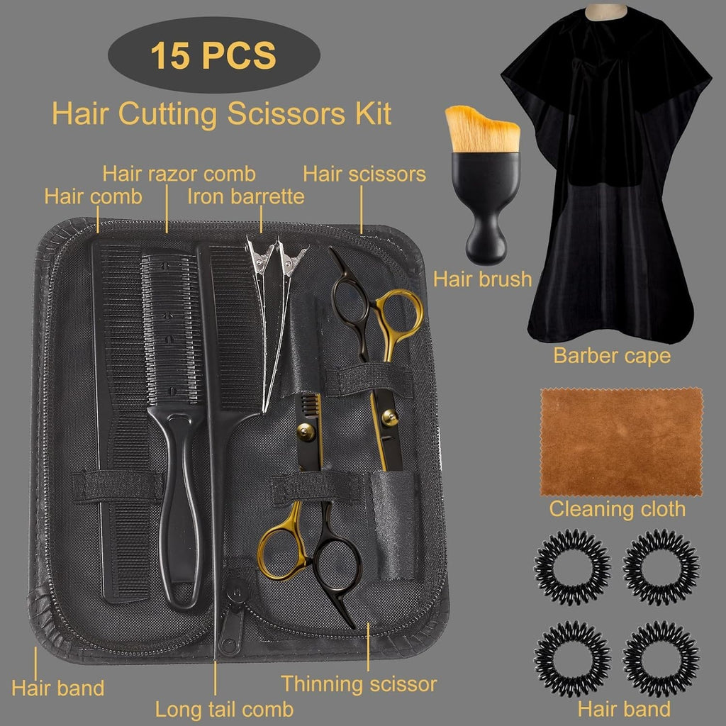 Professional 15-Piece Hair Cutting Scissors Set with Thinning Shears