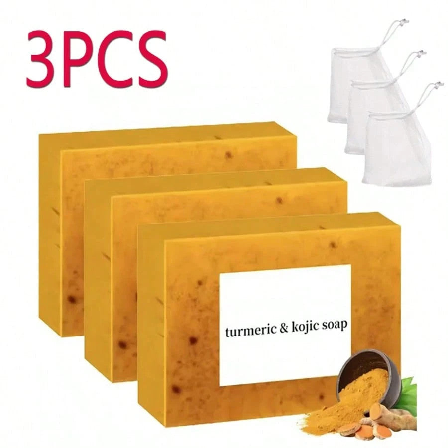 Turmeric & Kojic Acid Brightening Soap Set - Lemon Dark Spot Remover for Face & Body - 3 Bars