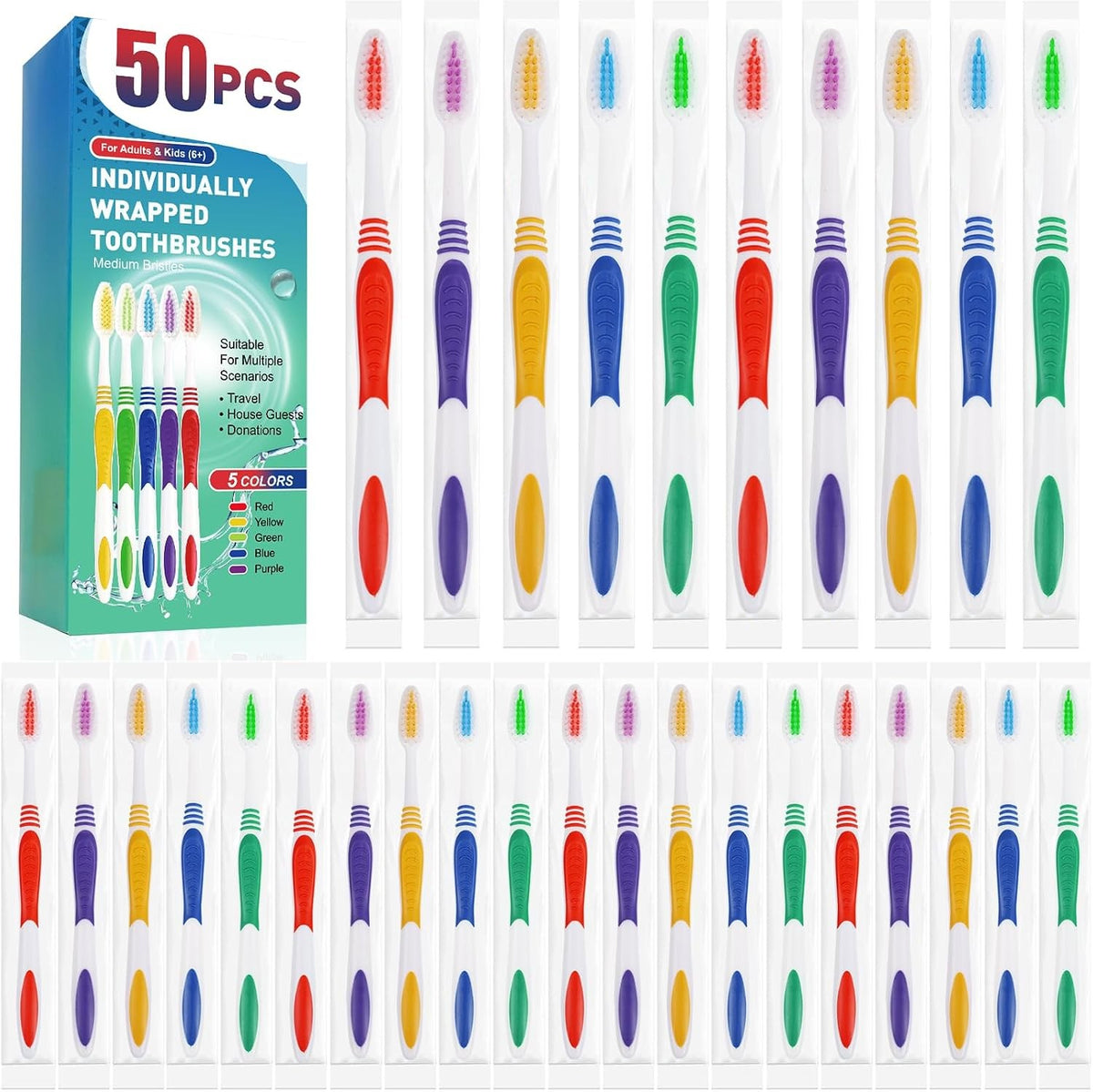 Bulk Pack of 50 Disposable Soft Bristle Toothbrushes for Travel & Hygiene