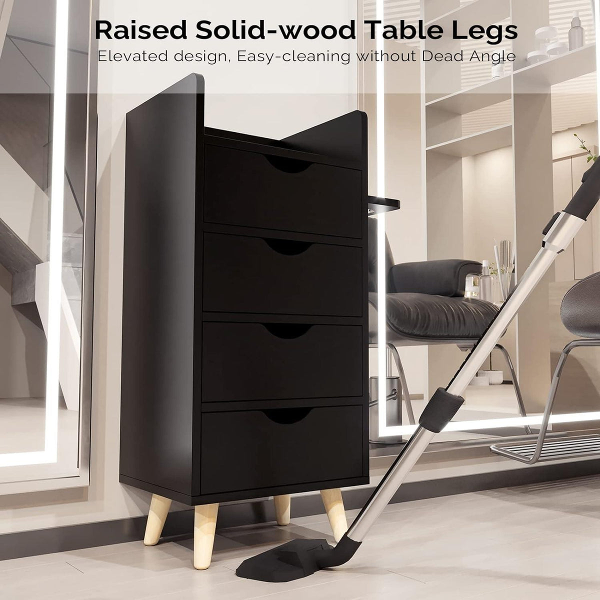 4-Layer Salon Storage Cabinet for Hair Styling Stations - Black MDF