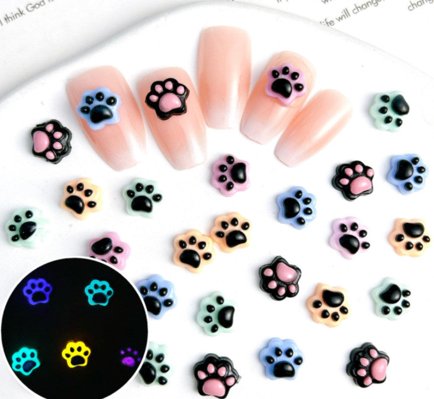 10pcs Glow in Dark Cat Dog Claw Print Nail Art Charms for Manicure & Decor