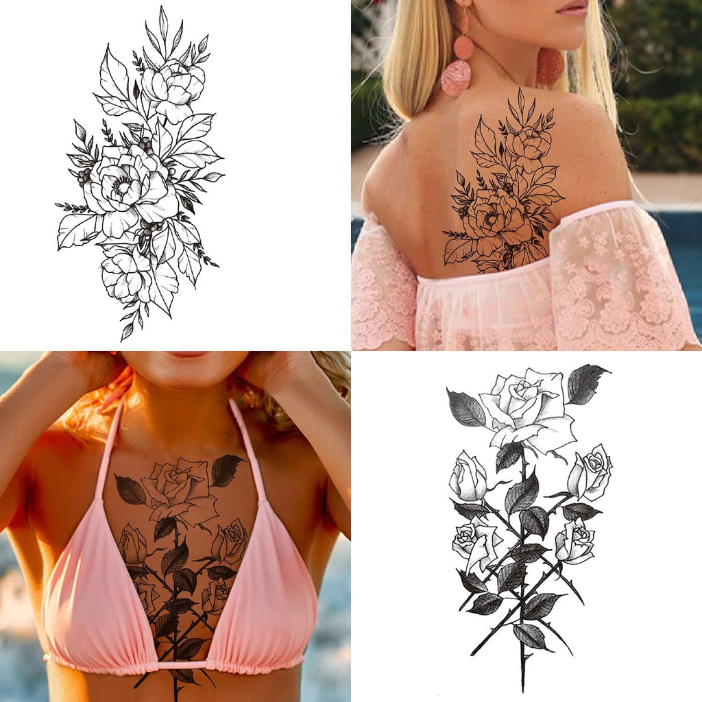 Temporary Tattoos for Women - Large Flower Set, 10 Sheets, Waterproof & Long Lasting