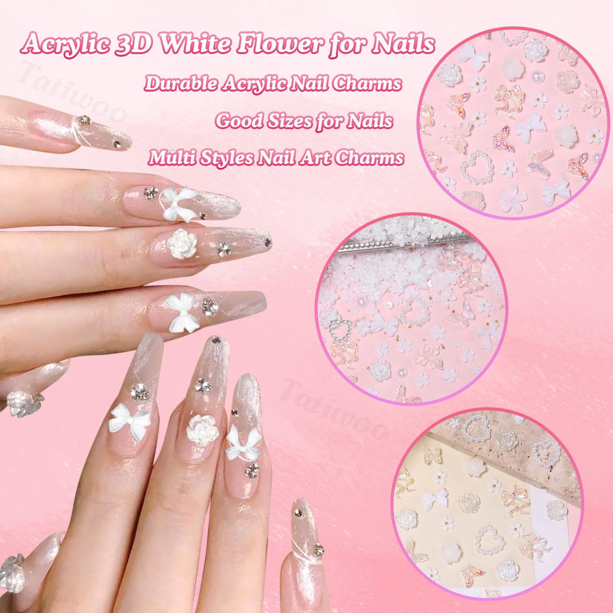 White Flower Nail Charms Set - 1000 Pcs 3D Tiny Flower & Mixed Nail Art Decorations