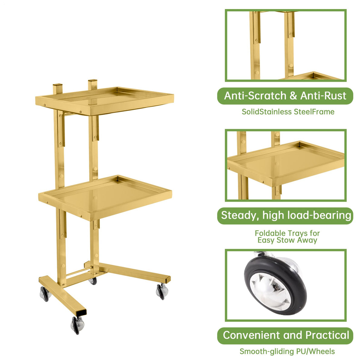 Salon Rolling Trolley Cart with Stainless Steel Frame and Lockable Wheels