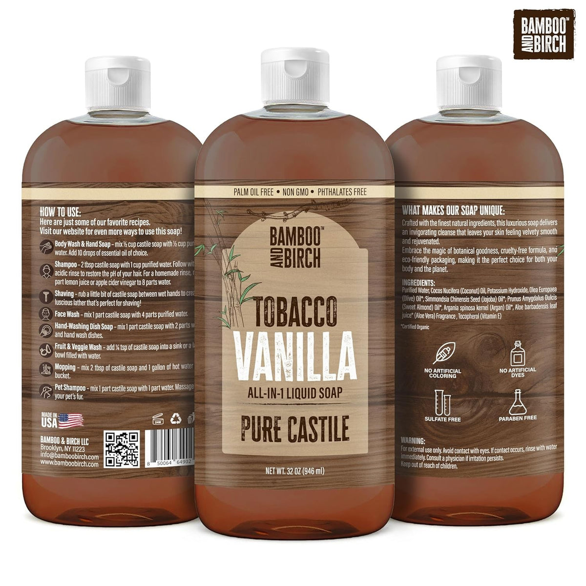 Castile Liquid Soap - Natural, Palm Oil Free Body & Household Cleaner 32 oz