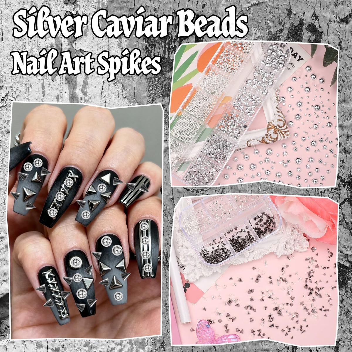 Gothic Punk Nail Charms Set with Spike Beads & Rivets for Nail Art