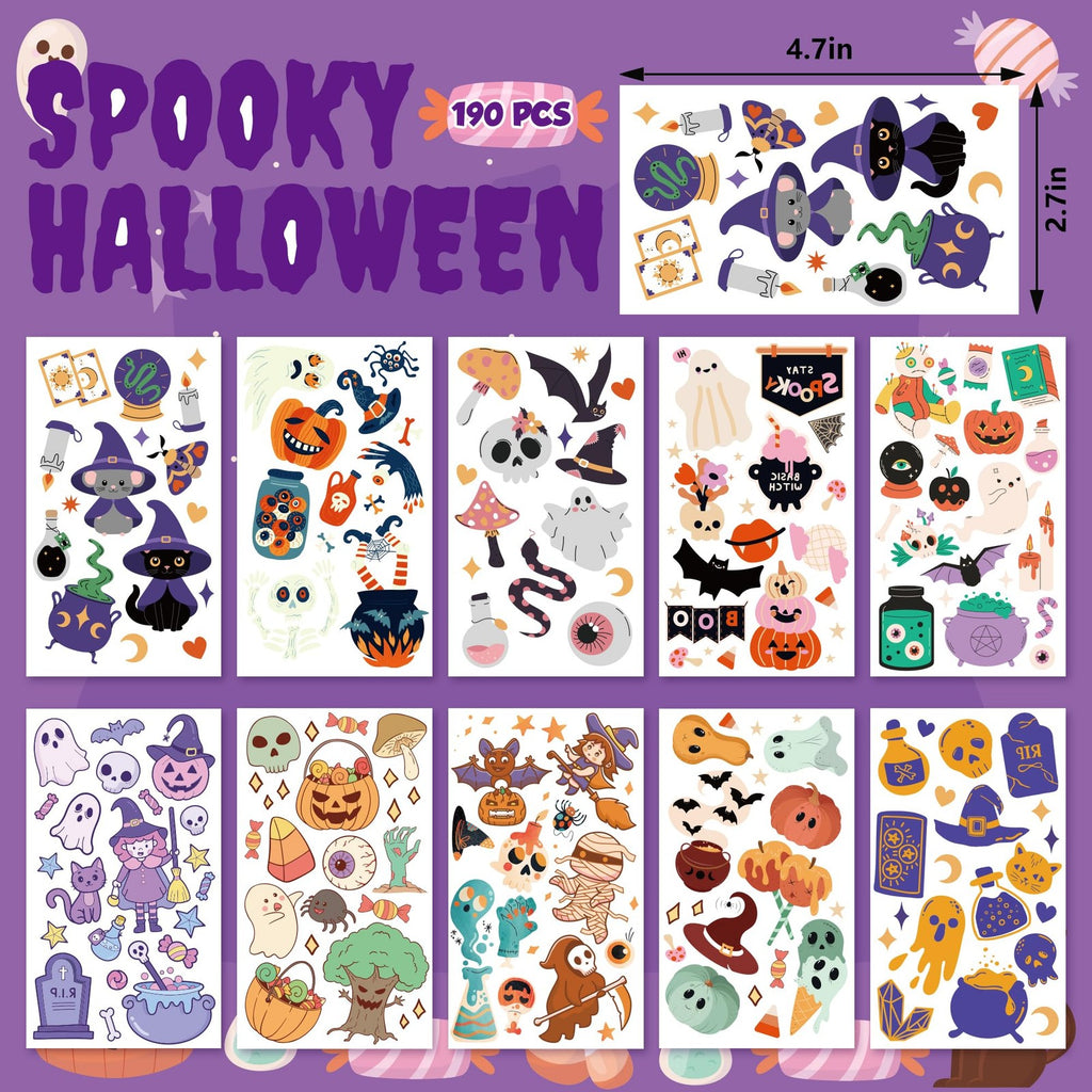 Temporary Tattoos for Kids Halloween 190-Piece Party Favors, 6.9x12 cm Sheets