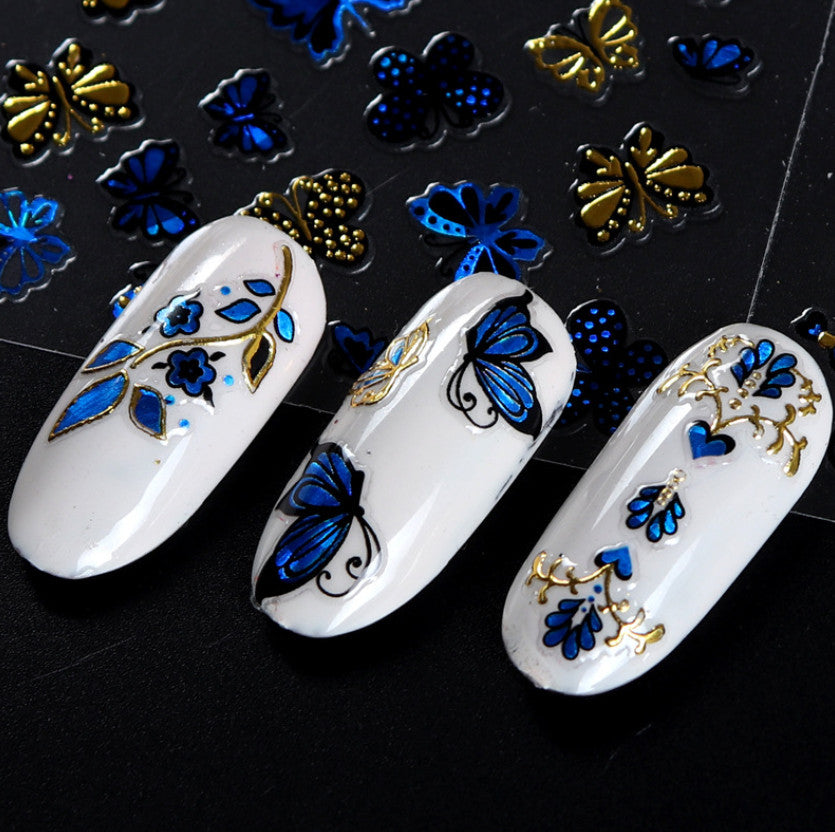 Gold Blue Lace Butterfly Floral Nail Art Stickers Set - 10 Sheets