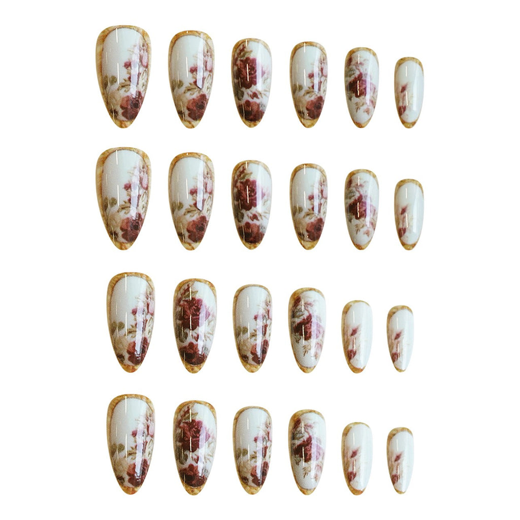 48P Short Almond Press-On Fake Nails with Red Rose Gold Trim - Glossy Nail Art