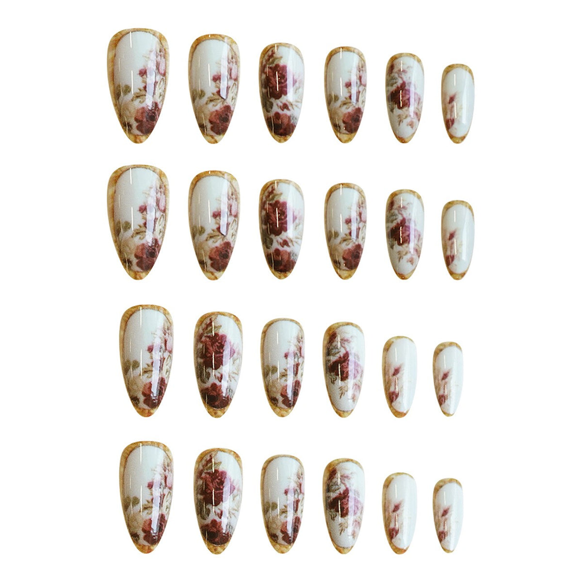 48P Short Almond Press-On Fake Nails with Red Rose Gold Trim - Glossy Nail Art
