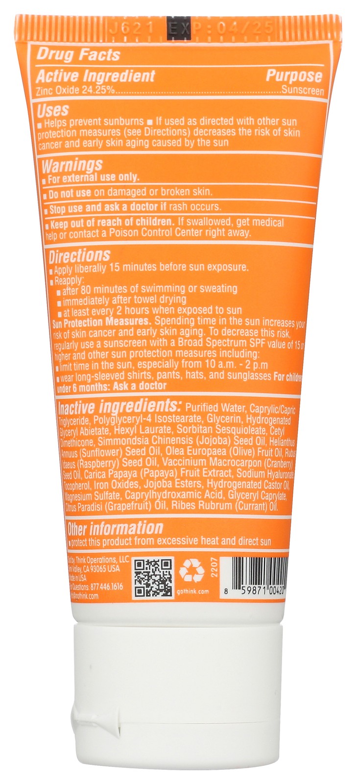 Tinted Face Sunscreen SPF 30 - Broad Spectrum Water-Resistant Zinc Oxide 2oz