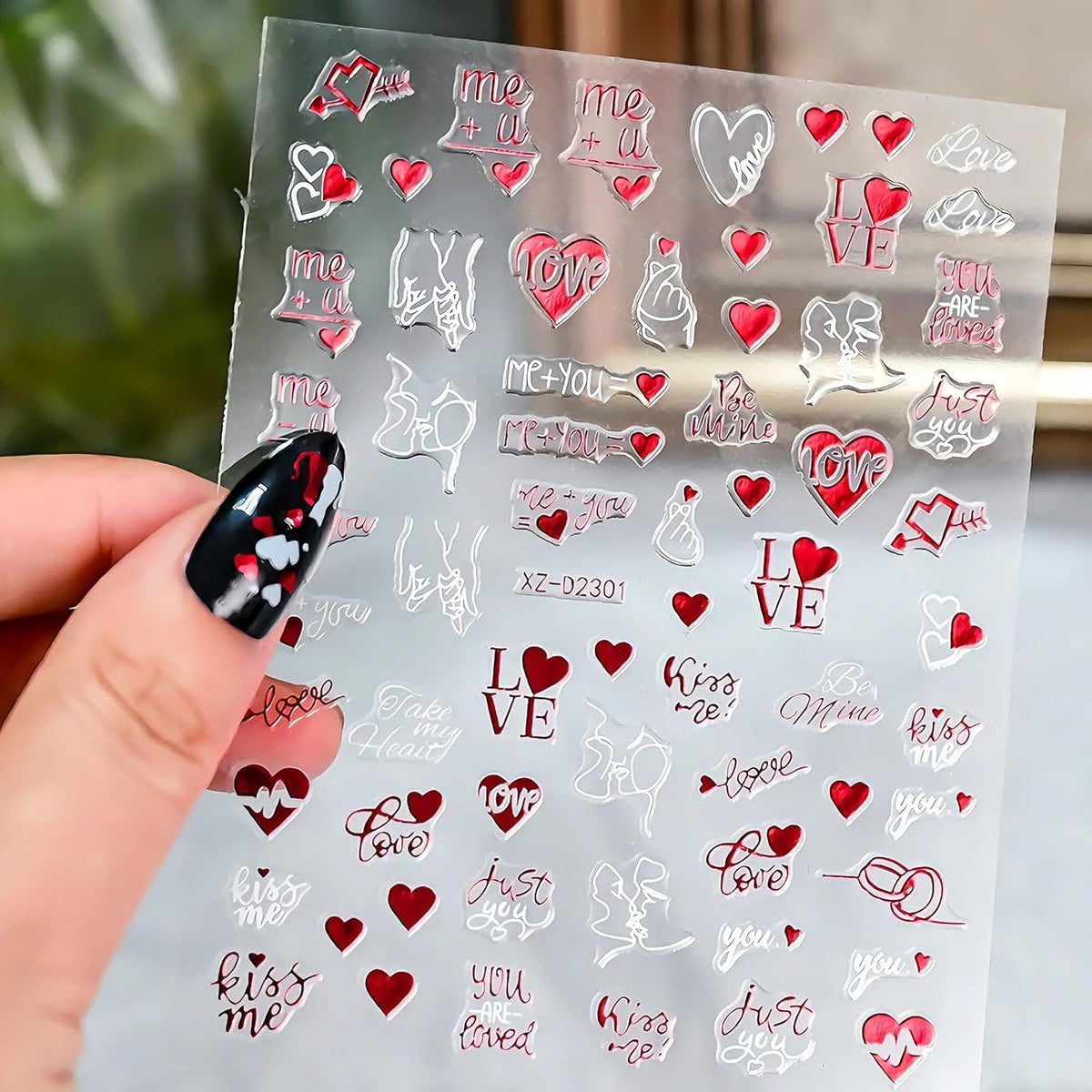 Valentine's Day Nail Stickers 3D Red Heart & Love Decals Set - Romantic Nail Art