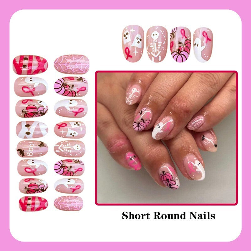 48Pcs Long Almond Pink Ribbon Ghost Pumpkin Spider Web Halloween Press-On Nails