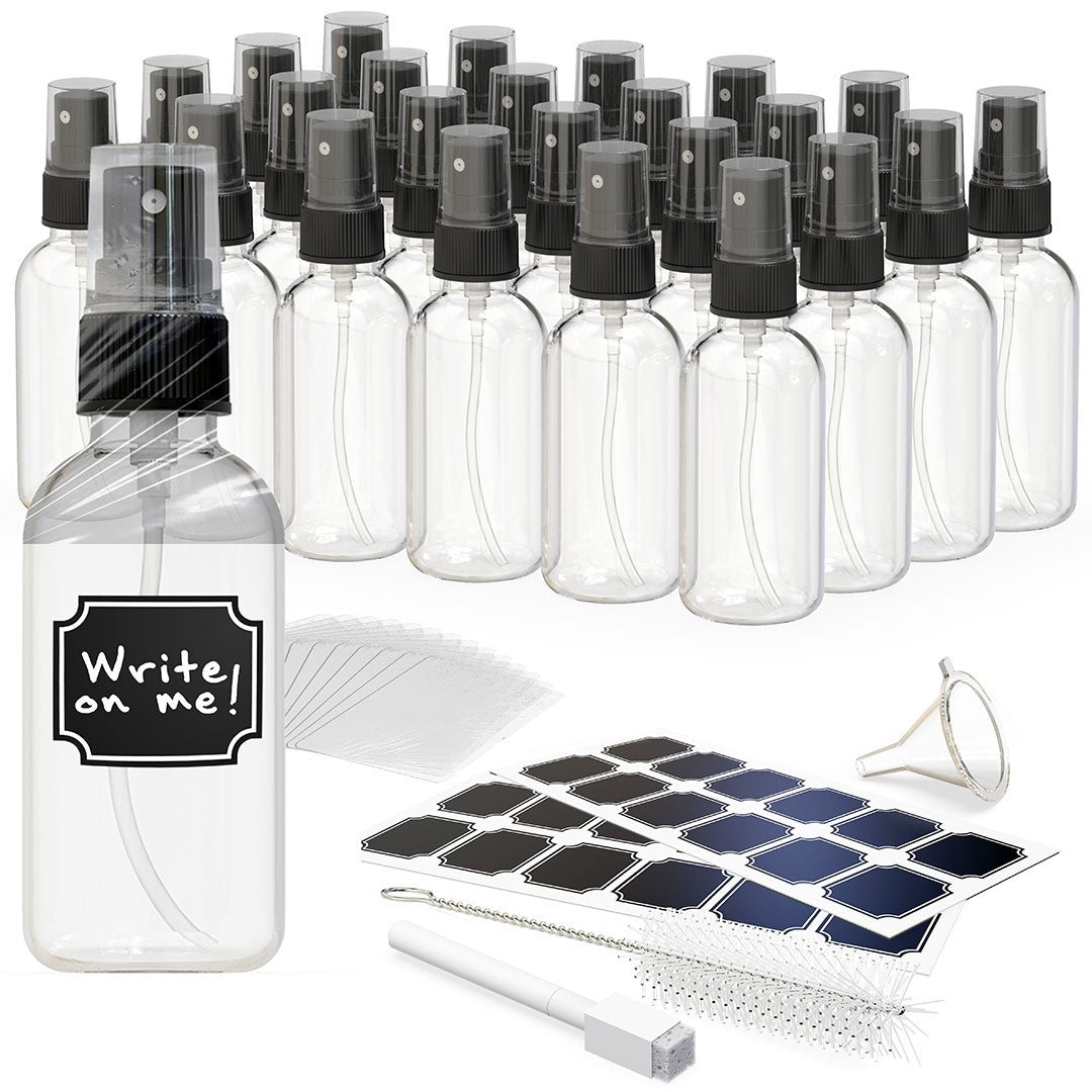 2 oz Clear Spray Bottles Set with Funnel Brush & Label - Refillable Travel