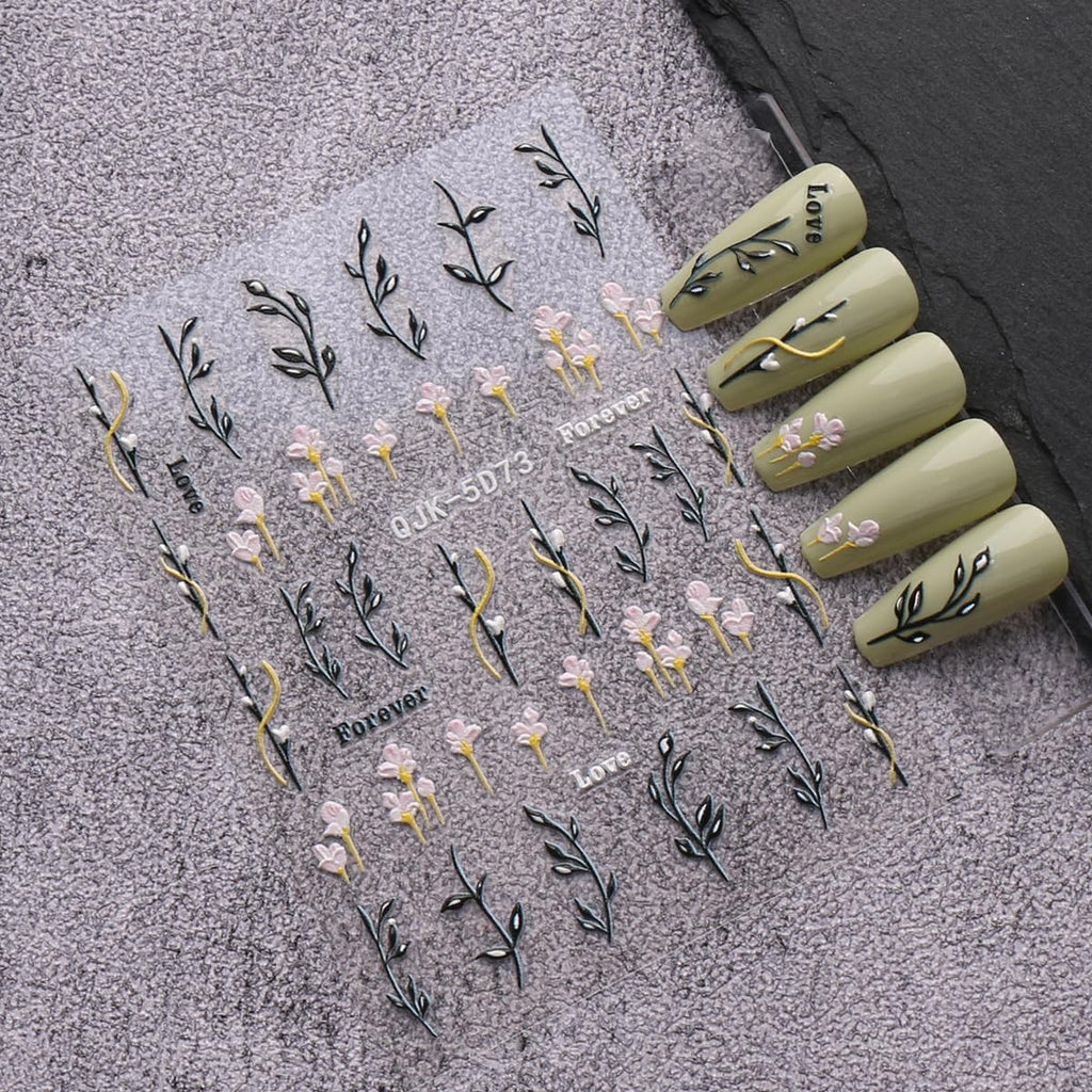 Spring Flower Nail Art Stickers Set - 6 Sheets Self-Adhesive 3D Embossed Decals