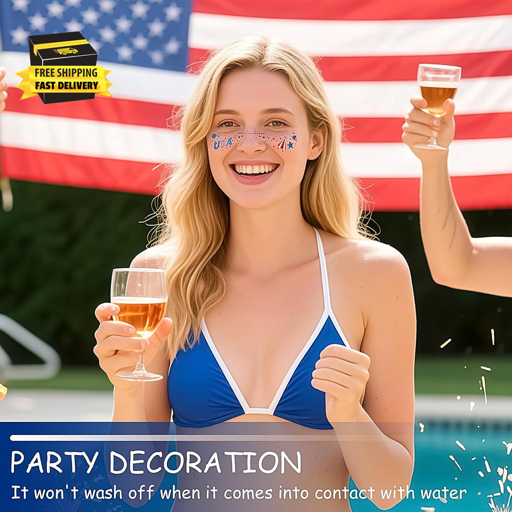 4th of July Glitter Freckles – 6 Pcs Patriotic Face Tattoo Stickers Red White Blue