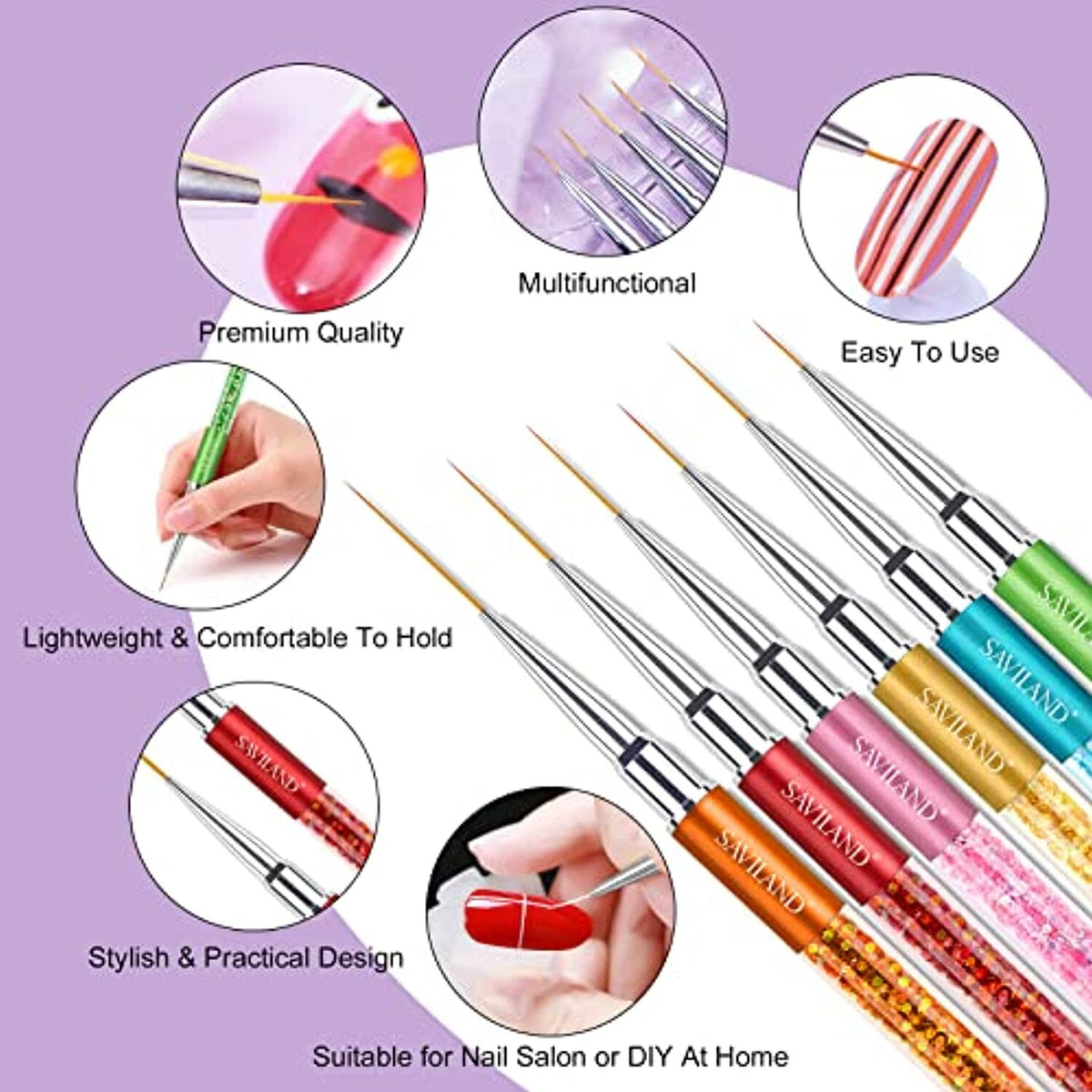 Professional Nail Art Liner Brush Set - 6 Fine Nail Art Brushes for Detailed Designs