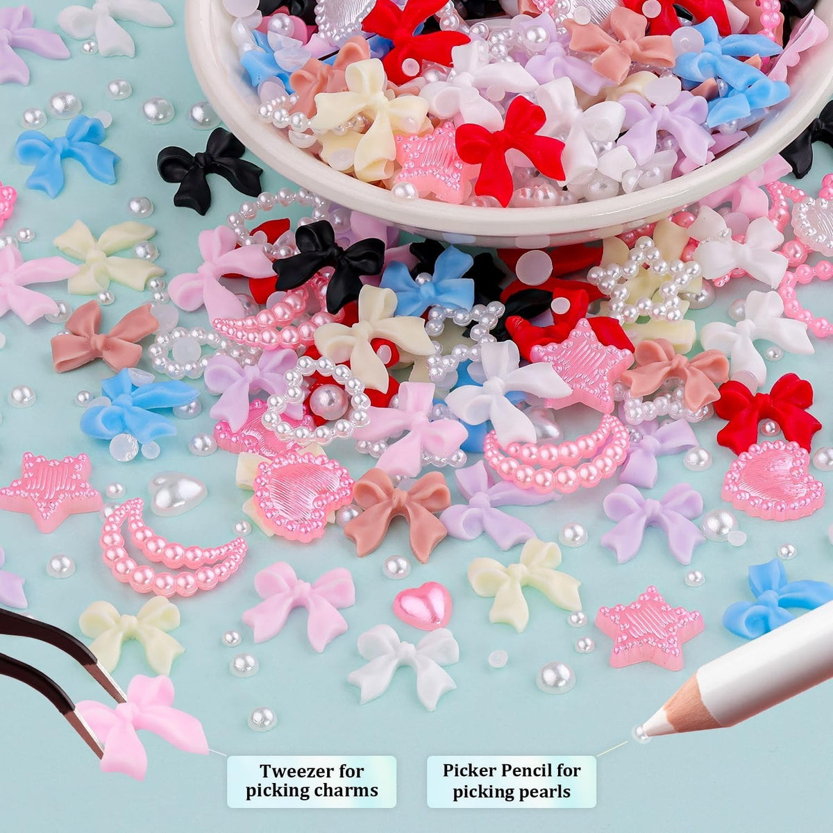 600 Pcs Nail Charms & Flatback Pearls Set for Nail Art - 8 Colors