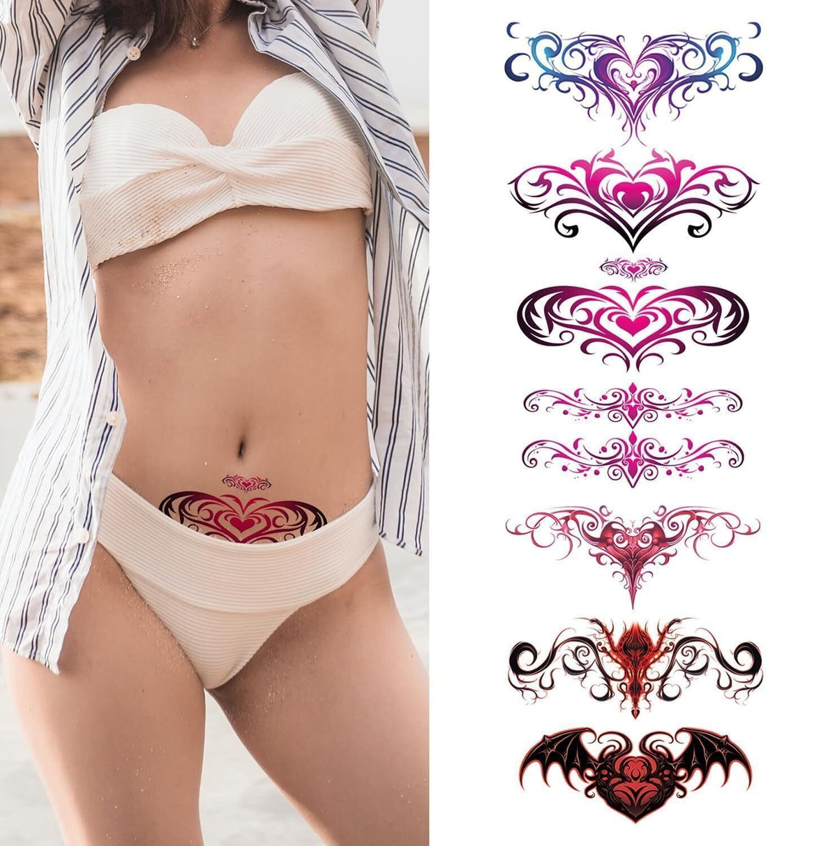 Belly Temporary Tattoos 8 Sheets - Colorful Heart Designs Body Stickers