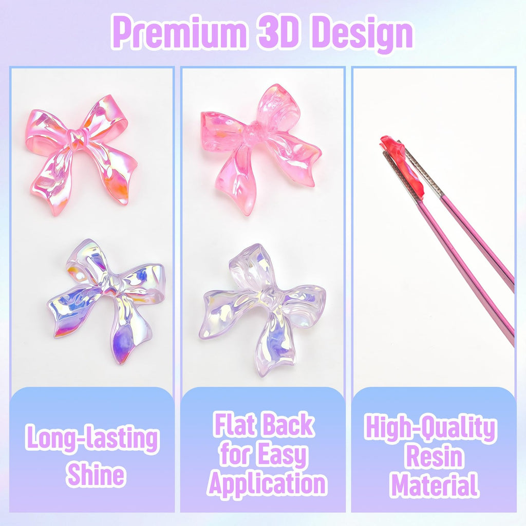 200PCS Bow Nail Charms Resin 3D Nail Art Decorations for Manicure